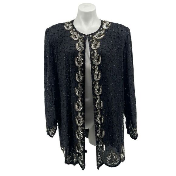 Vintage SCALA Silk Beaded Sequin Evening Glam Jacket Black Open Front XL - Picture 16 of 16
